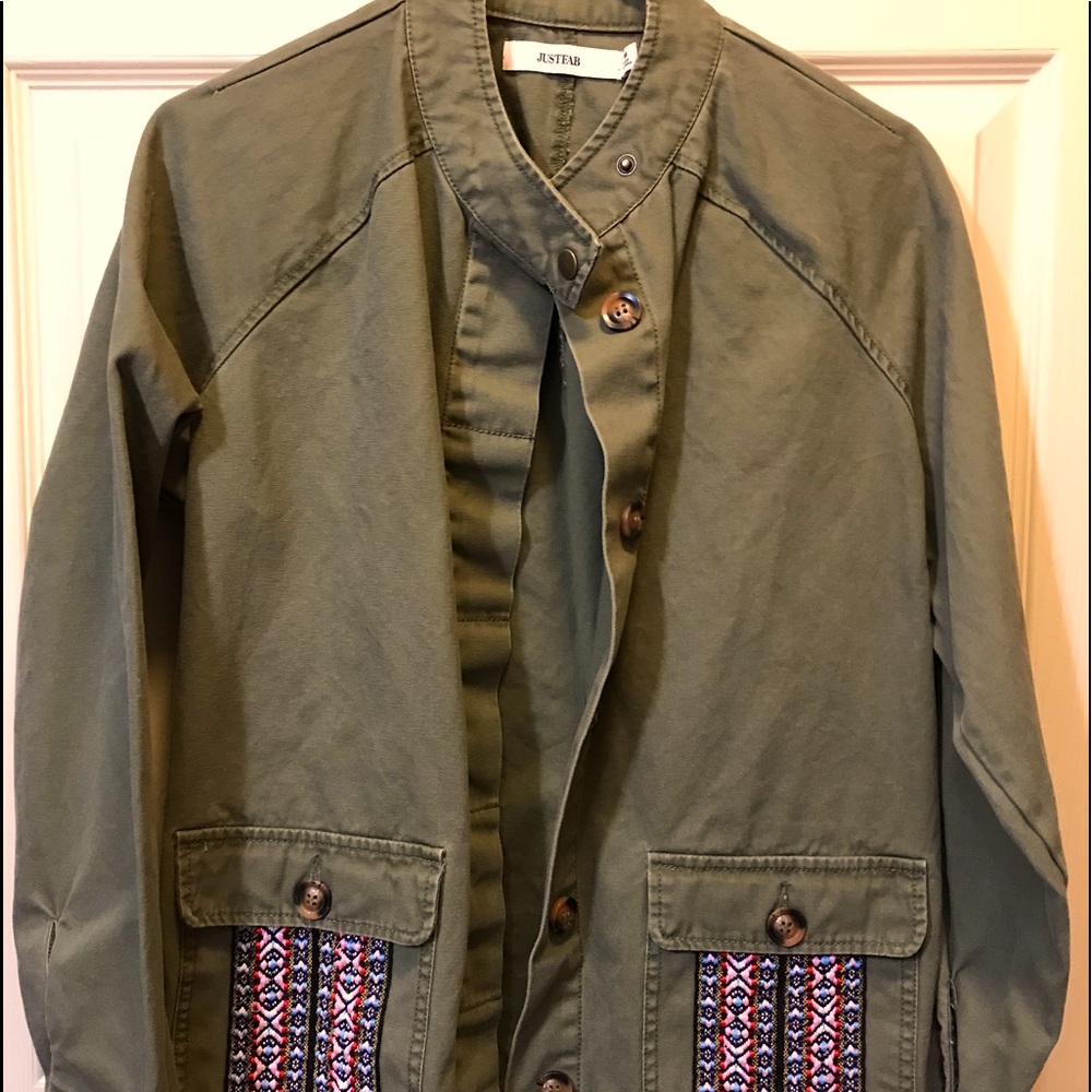 Olive Canvas Jacket w/boho pockets and gold snaps